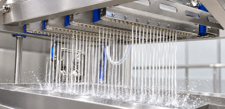 Close-up of a depositing head during cleaning, rinse water jetting from the nozzles at high pressure