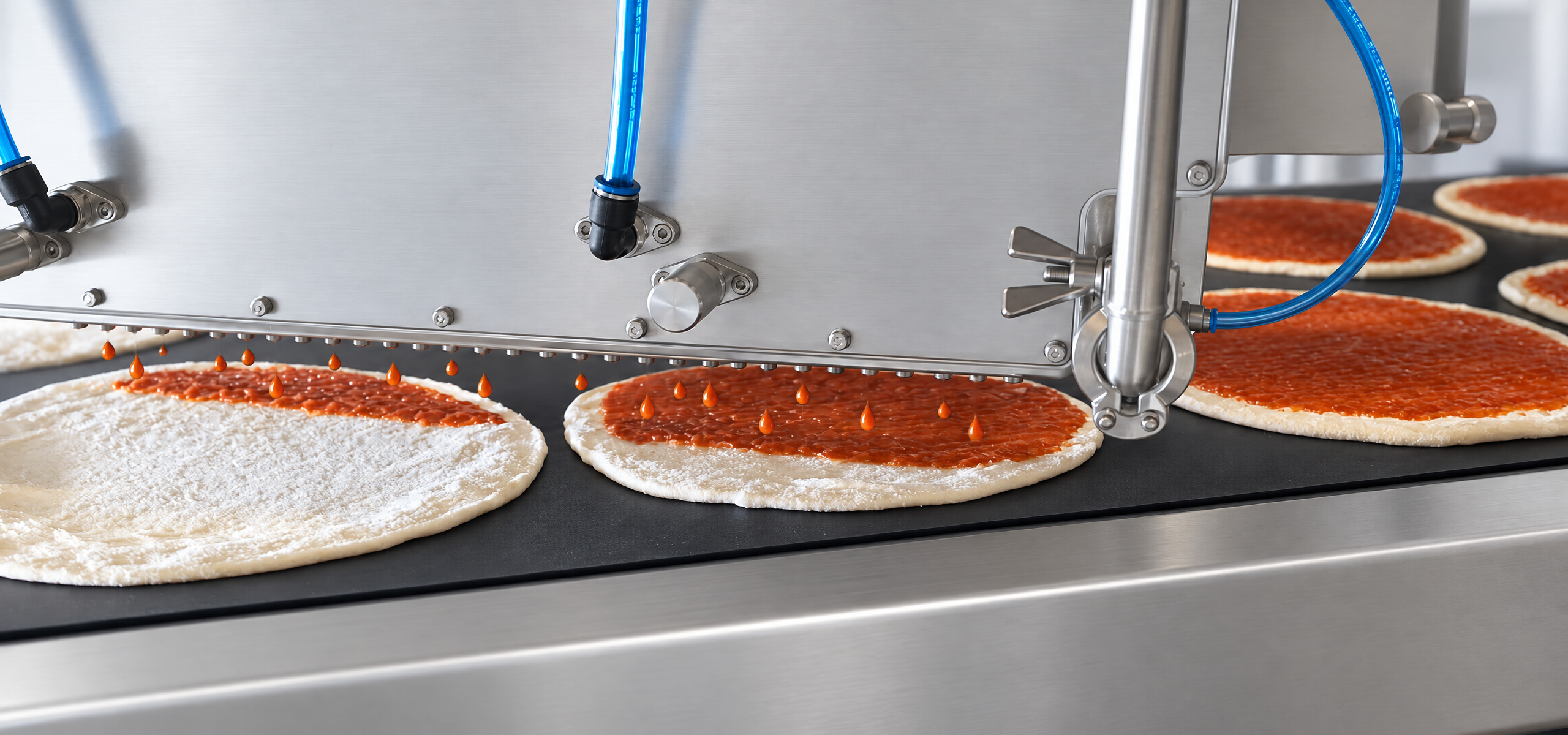 Depositing head placing tomato sauce in a dot pattern on pizza bases on a conveyor