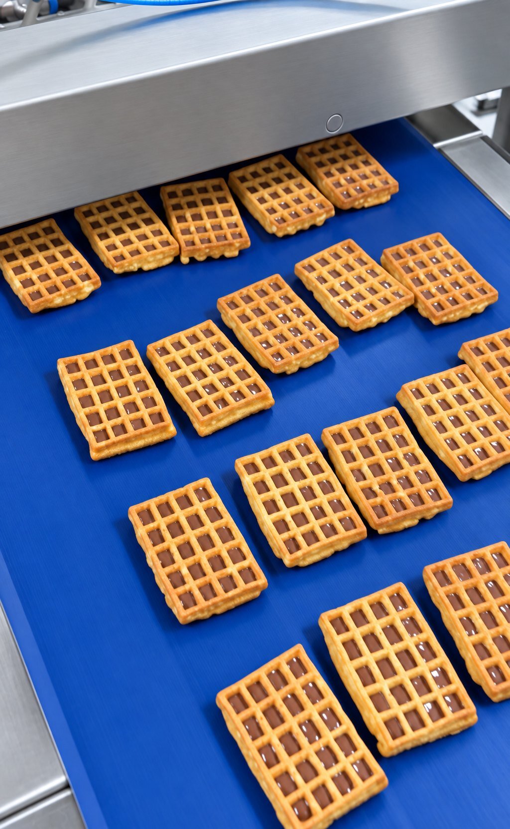 Waffles with compound deposited in the cavities on a blue conveyor