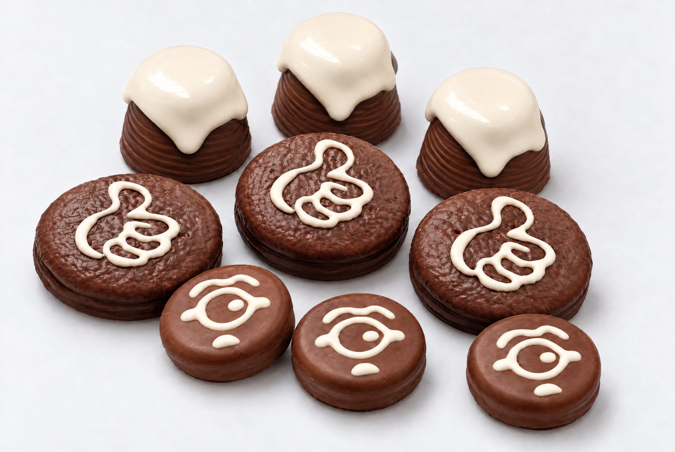 Chocolate cakes, biscuits and mellow cakes decorated with white chocolate