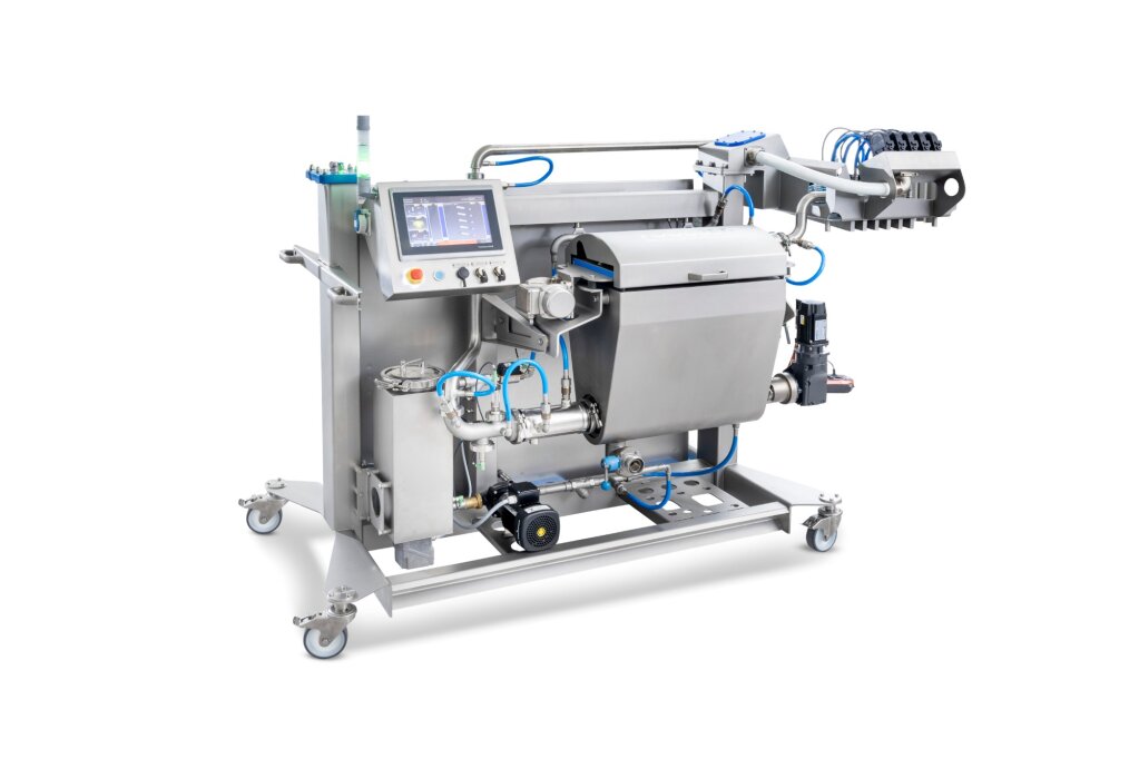 MDSUW5 mobile depositor with integrated supply unit for warm materials and five depositing heads, angled view
